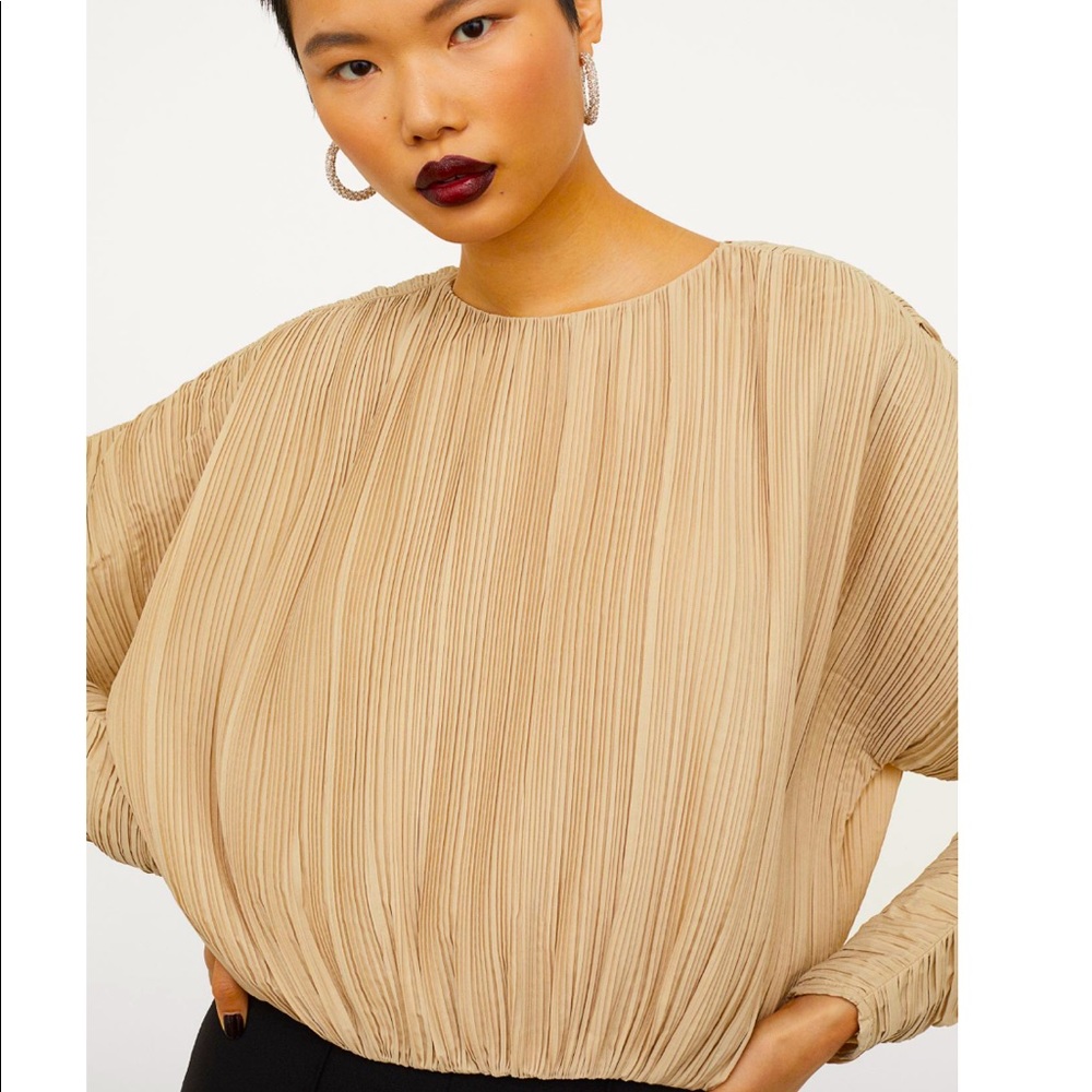 H&M Beige Pleated Boxy Long sleeves Top